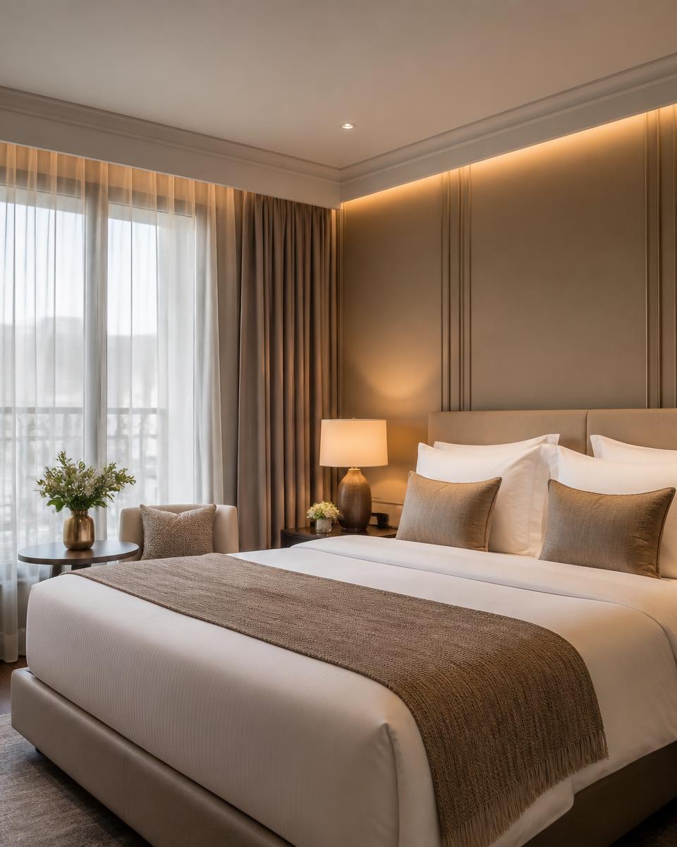 Camera di hotel elegante con letto perfettamente preparato e biancheria bianca (immagine illustrativa)